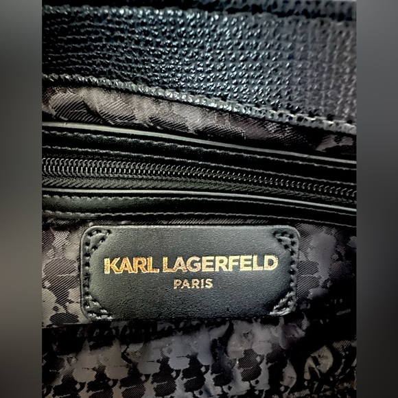 NWT Elegant Karl Lagerfeld Paris Agyness Black Denim Pearl-Embellished Bag - Picture 10 of 13